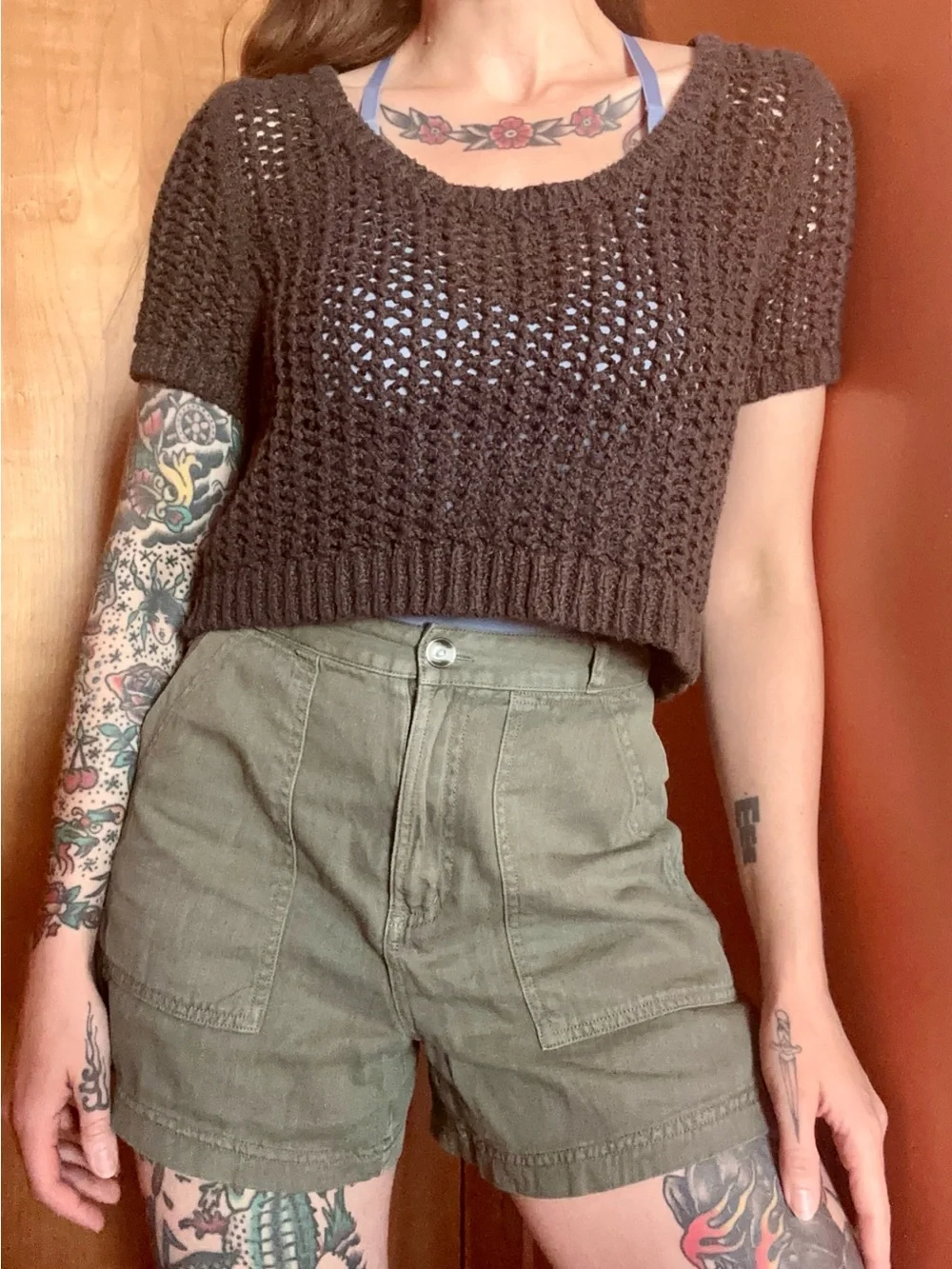 Free People Brown Cropped Open-Knit Short Sleeve Crocheted Top